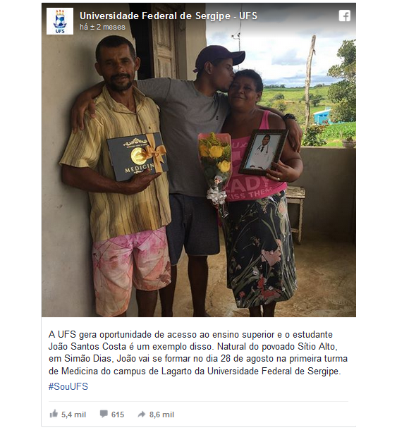 Publicação da Universidade Federal do Sergipe sobre a conquista de João (Foto: Print | Instagram)
