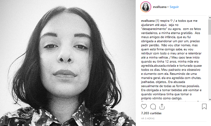 'Ele começou a me abusar sexualmente. Eu tinha nojo, repulsa, ódio e não entendia porque aquilo acontecia comigo.' diz a jovem em seu desabafo no Instagram (Foto: Print | Rede Social)