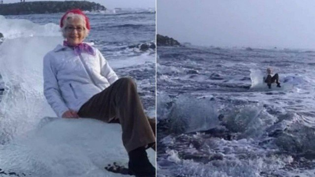 Turista sentada em 'trono de gelo' é levada pelo mar (Foto: Reprodução | ABC News)
