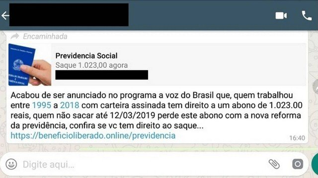 Na falsa mensagem, golpistas citam até a reforma da Previdência para atrair vítimas (Foto: Reprodução | Internet) Na falsa mensagem, golpistas citam até a reforma da Previdência para atrair vítimas (Foto: Reprodução | Internet)