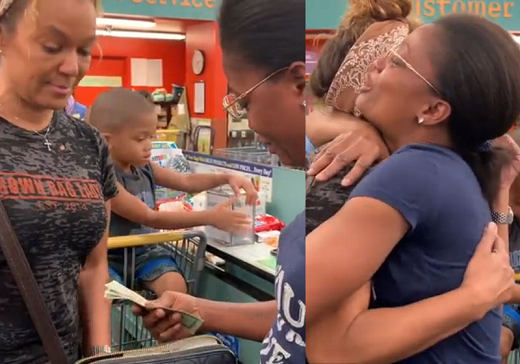 A mãe chora ao receber a ajuda, agradece e abraça a mulher que salvou seu dia e suas compras (Foto: Reprodução)