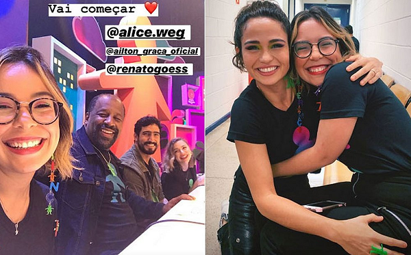 Além de ficar na bancada atendendo telefone ao lado de artistas e influenciadores digitais, ela também leu um texto em determinada parte do programa (Foto: Reprodução)