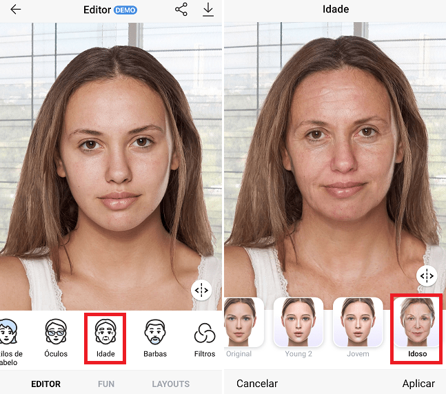 Usando o aplicativo para aplicar o filtro da velhice (Foto: Reprodução)